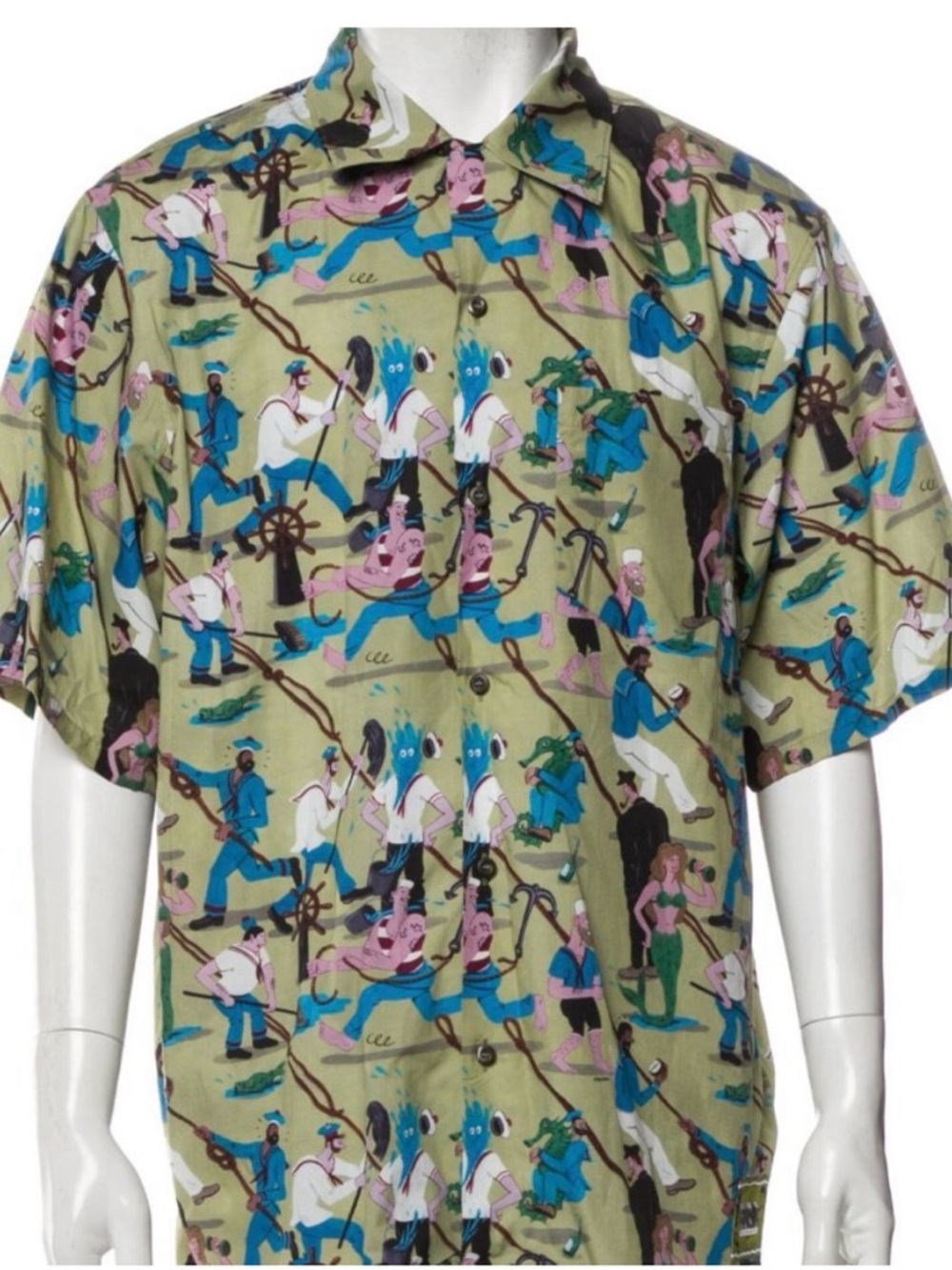 Prada Olive Green Novelty Sailor Print Short-Sleeve Button-Down Shirt